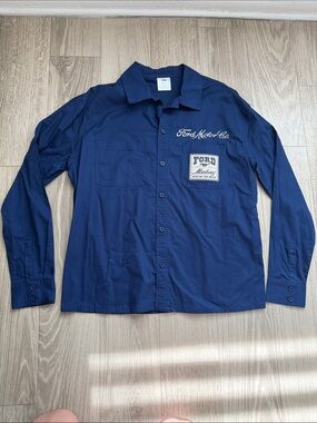 Ford Navy Long-Sleeve Button-Down Work Shirt with Mustang Patch